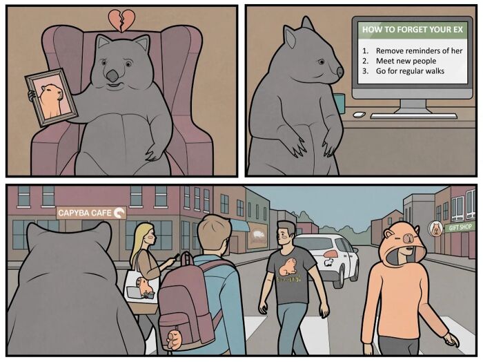 Absurd comic panels by Anton Gudim showing a sad capybara, breakup advice, and people in capybara-themed apparel.
