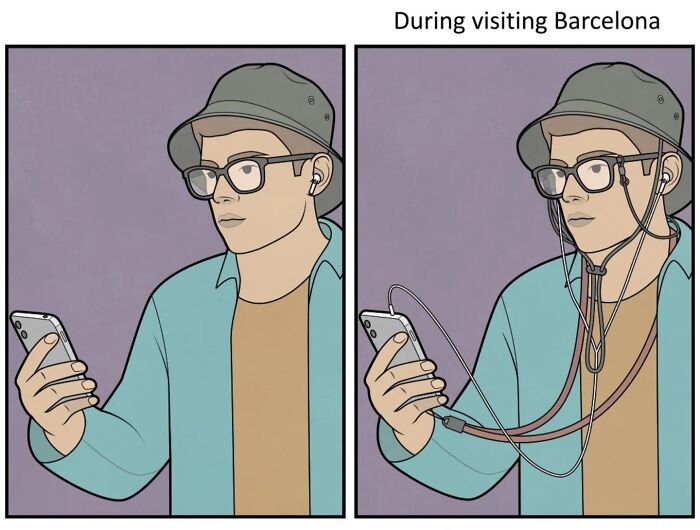 Man wearing a hat and glasses uses multiple earphones connected to a phone in a comic about absurd societal commentary.