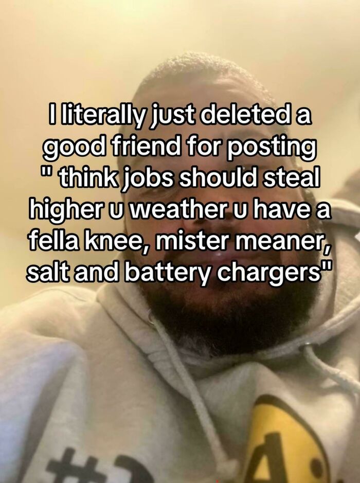 Man in a hoodie sharing a funny example of typos that question people's intelligence on social media post.