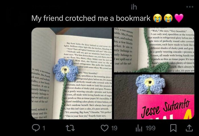 Crocheted flower bookmark placed in an open book, showcasing creativity and handmade craft with a touch of humor about typos.