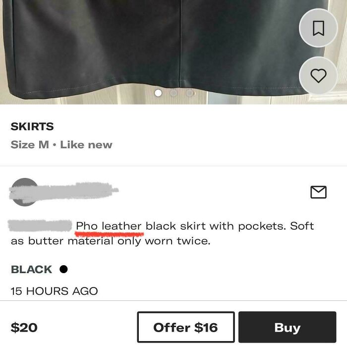 Listing for a black skirt with a typo in the description showing an example of common typos that question intelligence.