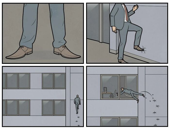 Absurd comic panels showing a man walking up a building wall, with c*****d shoes and surreal urban commentary.