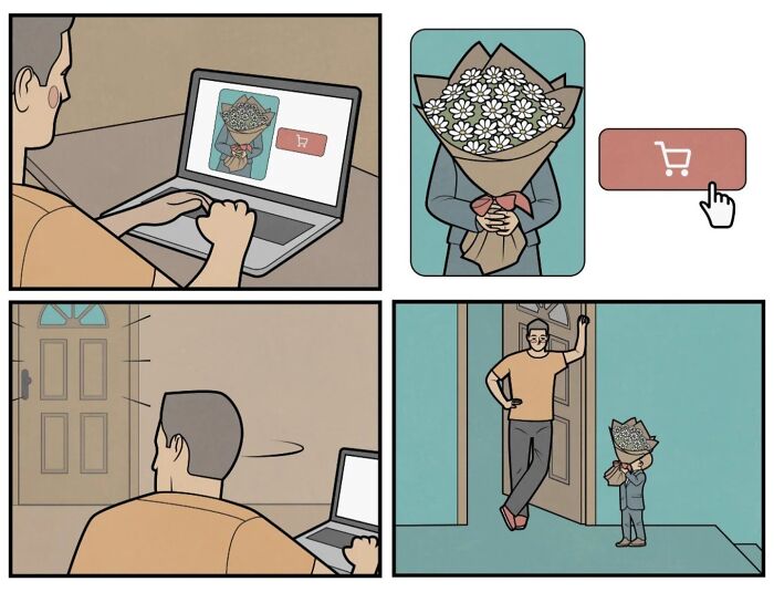 Man buying flowers online that appear as a child holding a bouquet, illustrating absurd comics commentary on society by Anton Gudim.
