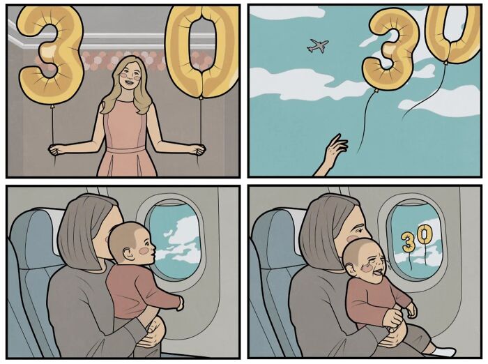 Absurd comic showing a woman losing 30 balloons and a baby laughing on an airplane, highlighting society's quirks and humor.