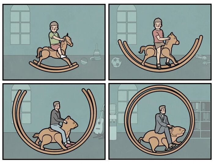 Absurd comic by Anton Gudim showing a man growing up riding increasingly complex rocking toys in a commentary on society.