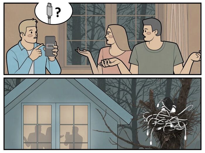 Three people puzzled over a phone charger while a bird nests in tangled earphones outside, in absurd social commentary comic.