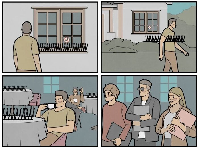 Absurd comic panels depicting a man navigating spikes in everyday settings as social commentary on today’s society.