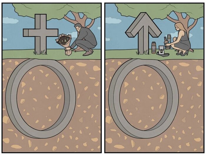 Absurd comic illustrating modern society commentary with contrasting grave markers and burial rituals by Anton Gudim.