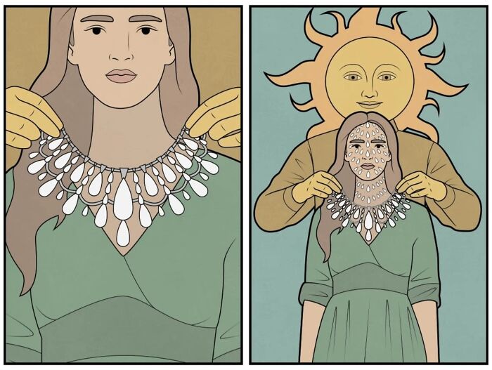 Absurd comic by Anton Gudim showing a woman wearing a necklace that mimics tears, highlighting society commentary.