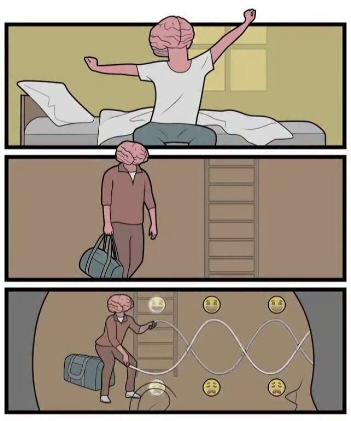 Comic panels showing a brain-headed figure expressing daily routine with emotions, illustrating absurd comics commentary.