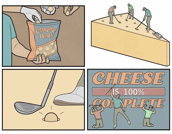 Absurd comic panels showing people interacting humorously with oversized cheese and cheese balls as social commentary.
