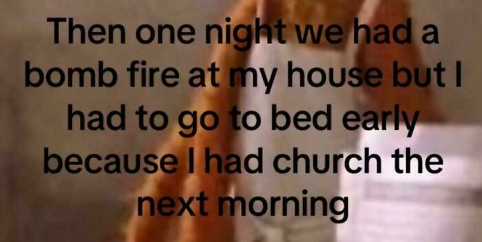 Typo in sentence about a b**b fire and going to bed early due to church the next morning, showing common mistakes.