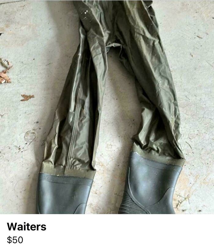 Pair of waterproof waders on a floor with a typo in the label, illustrating typos that question intelligence.
