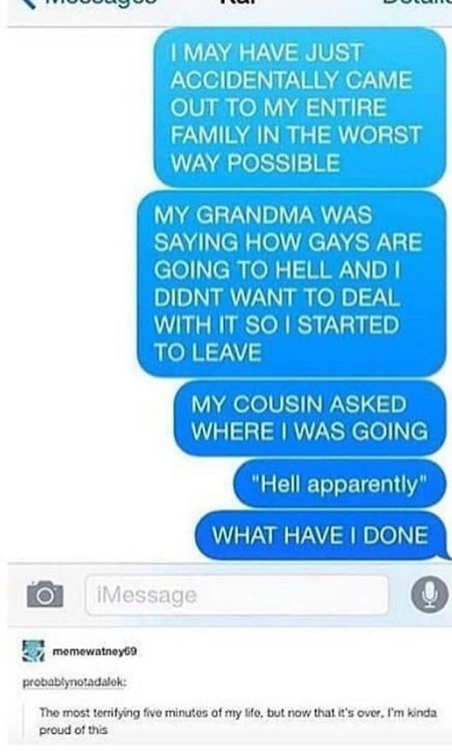 Text message conversation revealing an accidental coming out story, one of the totally true stories that happened recently.