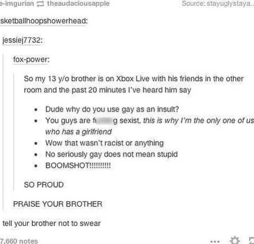Screenshot of a Tumblr post sharing a true story with captions about a 13-year-old calling out insults on Xbox Live.