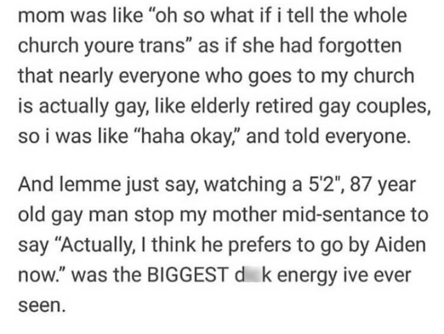 Text post describing a true story about coming out as trans in a gay-friendly church setting.