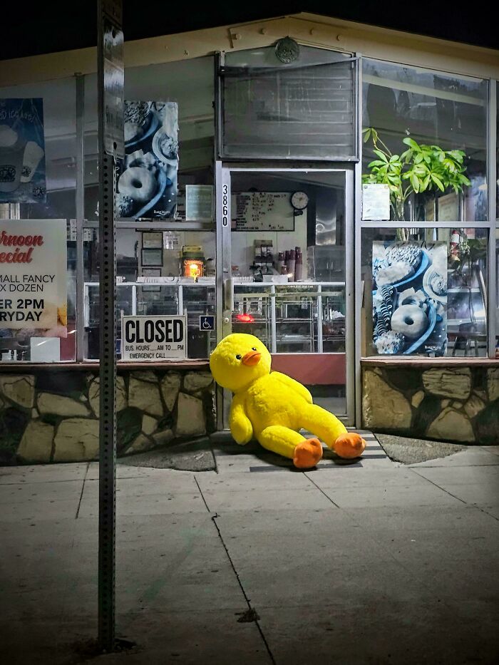 A large yellow duck plush toy sitting outside a closed store, resembling a scene from a Renaissance masterpiece.