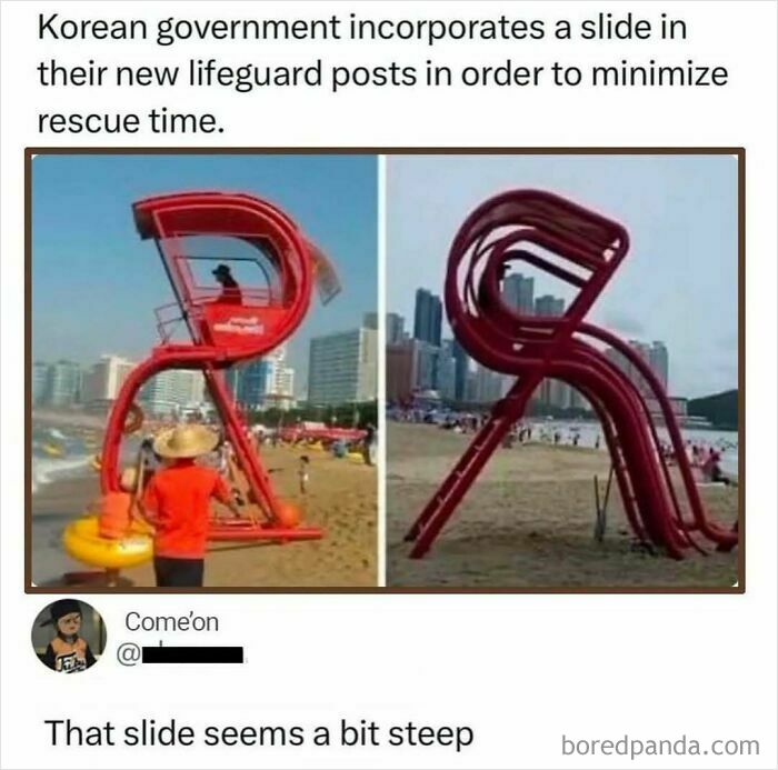 Lifeguard posts with a steep slide on a beach, showcasing one of the random and chaotic memes that are surprisingly funny.