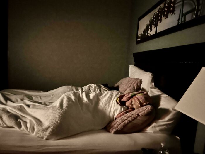 Person sleeping peacefully in bed with cozy blankets in a dimly lit room, resembling accidental Renaissance photos.