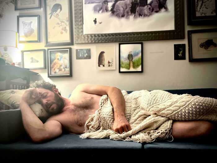 Man sleeping on a couch covered with a knitted blanket, surrounded by framed animal art in an accidental Renaissance style.