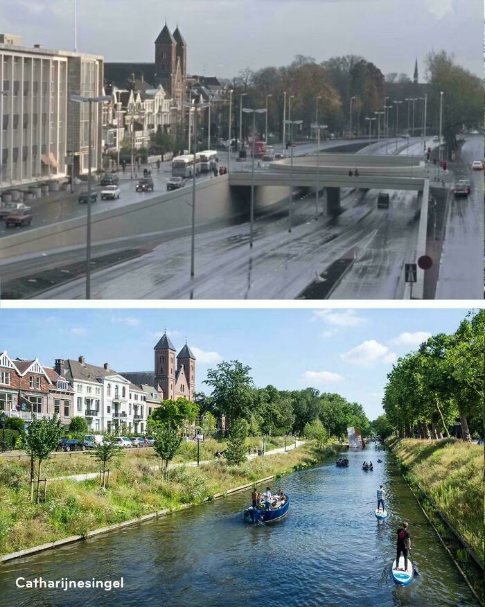 Urban infrastructure transformation showing a city street converted into a green waterway with boats and paddleboarders.