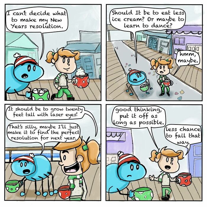 Comic panels showing a girl and her spider best friend discussing New Year's resolutions humorously and whimsically.