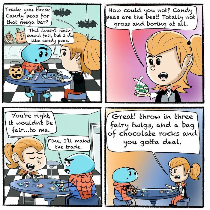 Comic strip showing a girl and her spider best friend trading candy peas and making a whimsical deal.