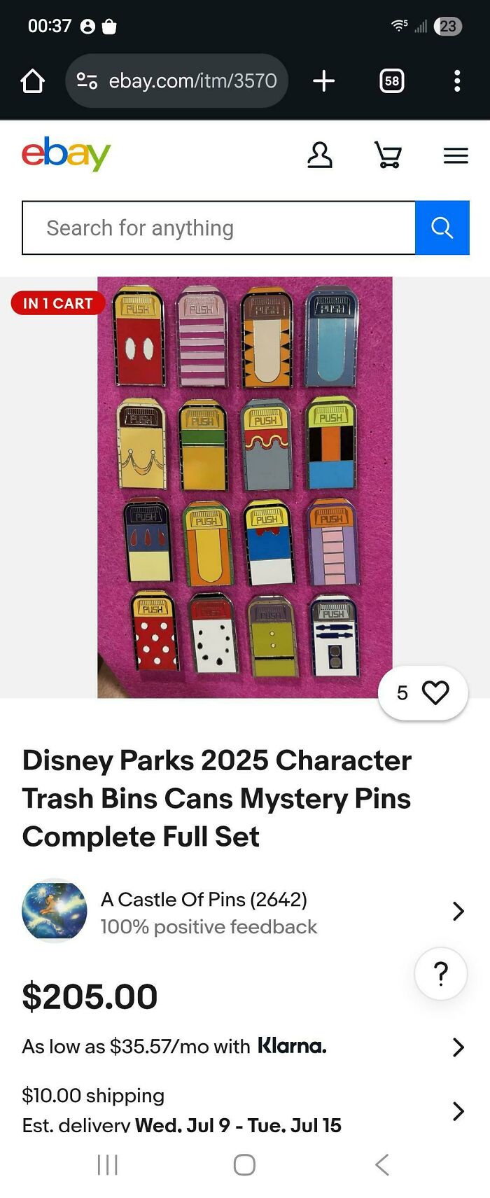 Disney Parks 2025 character trash bin pins for sale on eBay reflecting consumerism collectibles and resale culture.