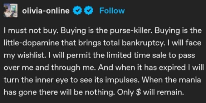 Social media post on consumerism urges resisting buying urges to avoid financial ruin and the harms of consumerism.