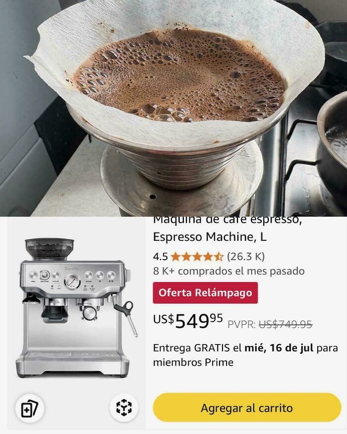 Espresso machine with high price tag displayed on online shopping site highlighting consumerism impact.
