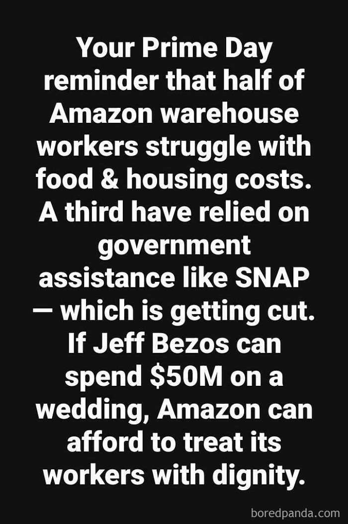 Text on a black background about Amazon warehouse workers struggling with food and housing costs highlighting issues of consumerism.