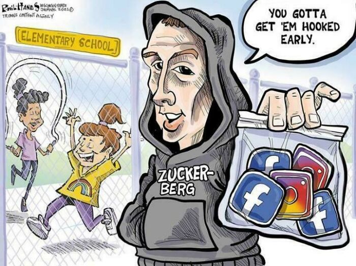 Cartoon of Zuckerberg handing out social media apps to elementary school kids, illustrating consumerism and early a*******n.