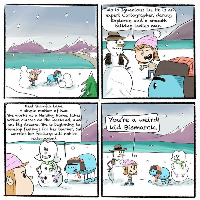 Comic panels featuring a girl and her spider best friend building a snowman and having a winter conversation by a lake.