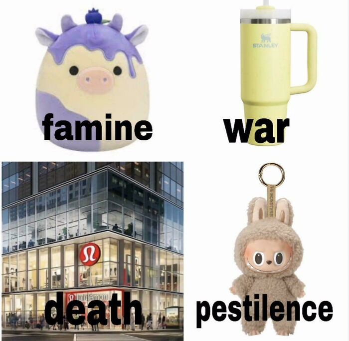 Four consumer products labeled famine, war, death, and pestilence, highlighting the impact of consumerism.
