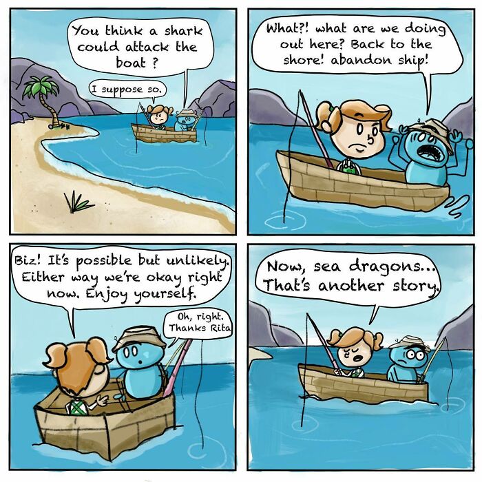 Comic panels showing a girl and her spider best friend fishing and humorously discussing sea dangers.