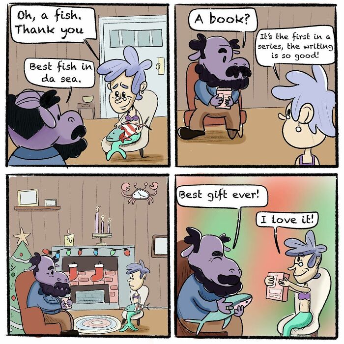 Comic panels showing a girl and her quirky spider friend exchanging gifts in a cozy, wholesome setting.