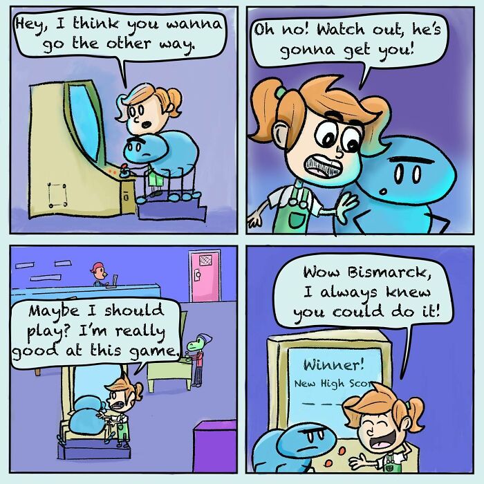 Comic panels showing a girl and her quirky spider best friend playing arcade games and cheering each other on.