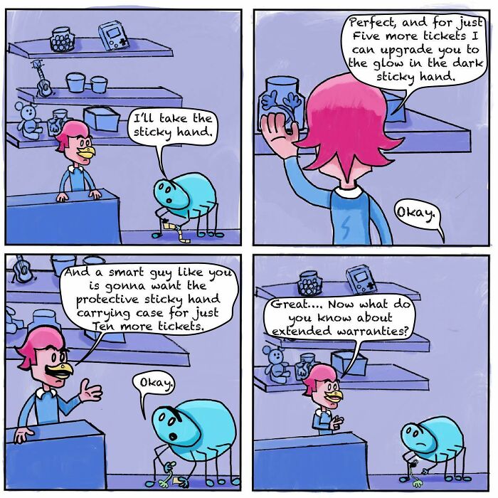 Comic panels showing a girl and her spider best friend discussing a sticky hand toy at a store counter.