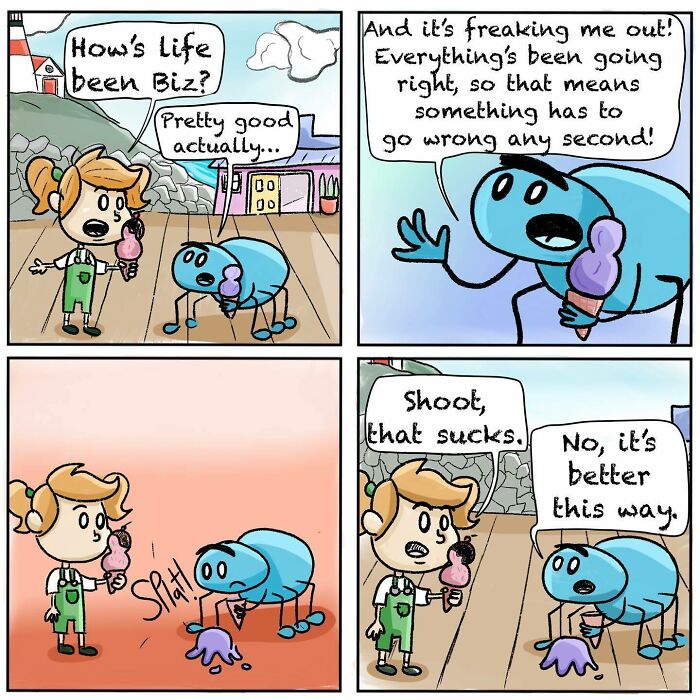 Comic panels showing a girl and her spider best friend sharing an ice cream treat and chatting about life’s ups and downs.