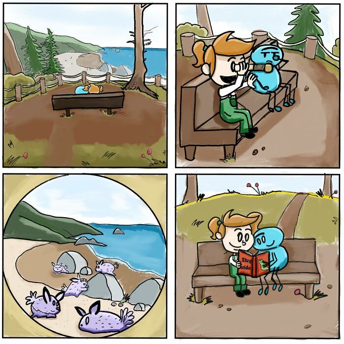 Comic panels showing a girl and her spider best friend enjoying nature, sharing moments on benches and exploring outdoors together.