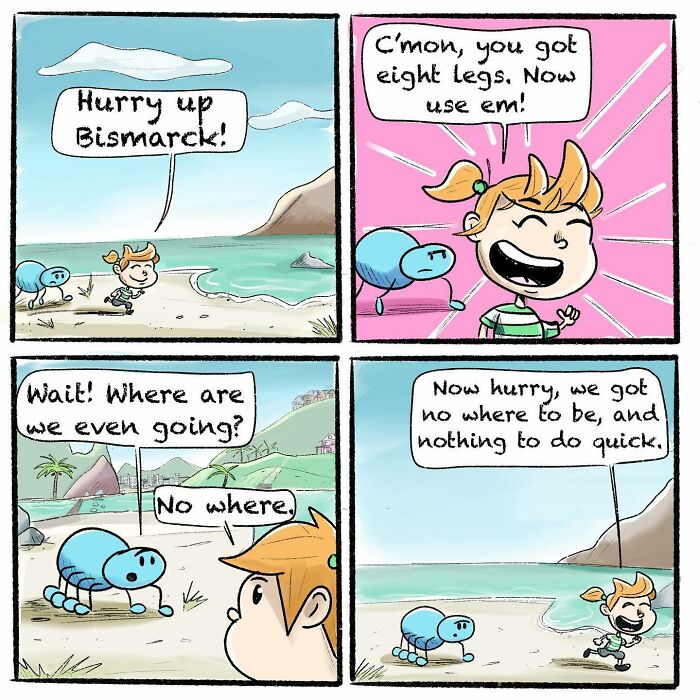 Comic of a girl and her blue spider best friend playing by the beach in a wholesome and unhinged moment.