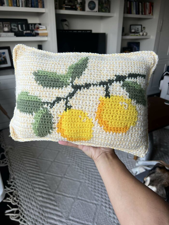 Hand holding a crochet pillow featuring a lemon and leaves design, showcasing impressive crochet craftsmanship.