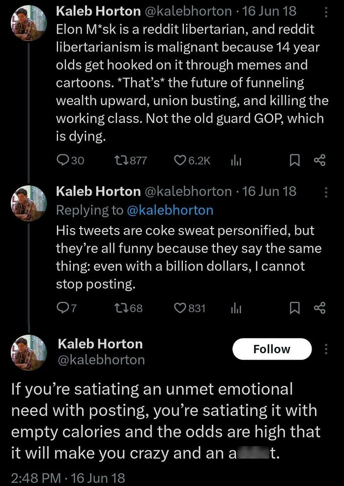 Screenshot of tweets discussing predictions about Elon Musk, social media behavior, and emotional needs, highlighting accurate aged like wine insights.