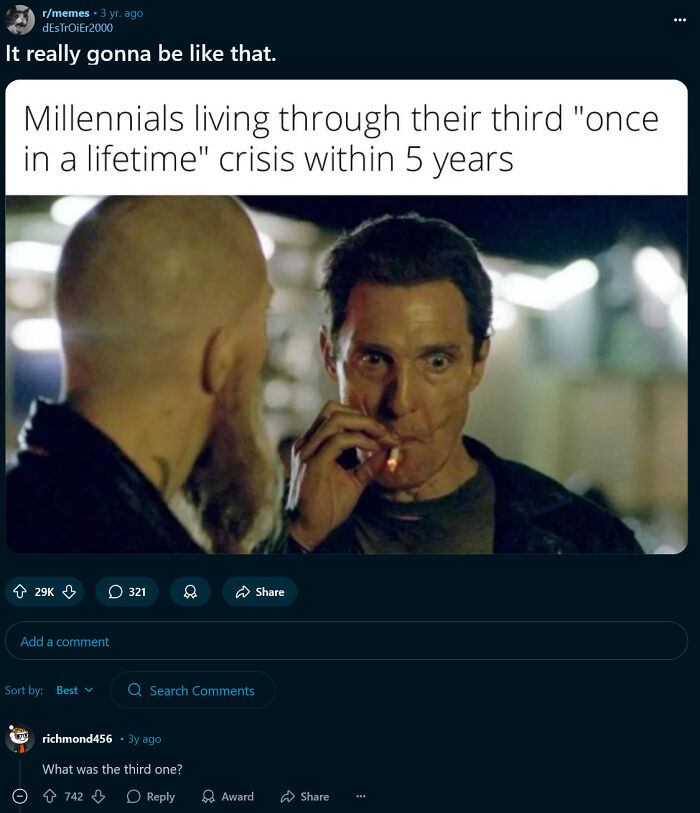 Two men in conversation with one lighting a cigarette, illustrating aged like wine prediction about crises within five years.