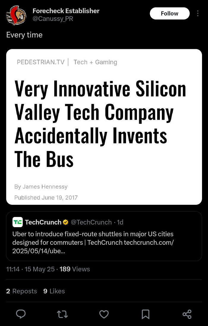 Tweet screenshot showing headline about a Silicon Valley tech company accidentally inventing the bus, related to accurate predictions.