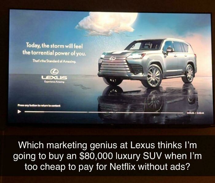 Lexus luxury SUV ad with unattainable body message, reflecting funny advertising fails in marketing strategy.