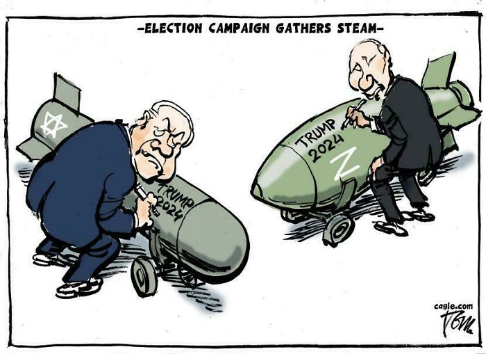 Two men armed with bombs labeled Trump 2024 in a political cartoon illustrating election campaign tensions, aged like wine.