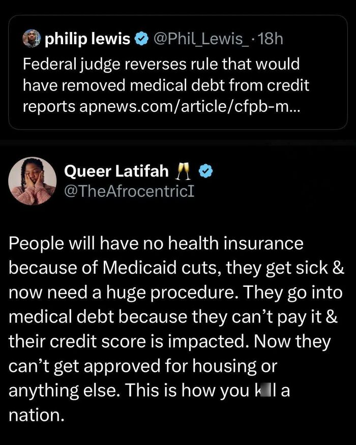 Social media posts highlight medical debt and health insurance issues as examples of a boring dystopia in modern life.