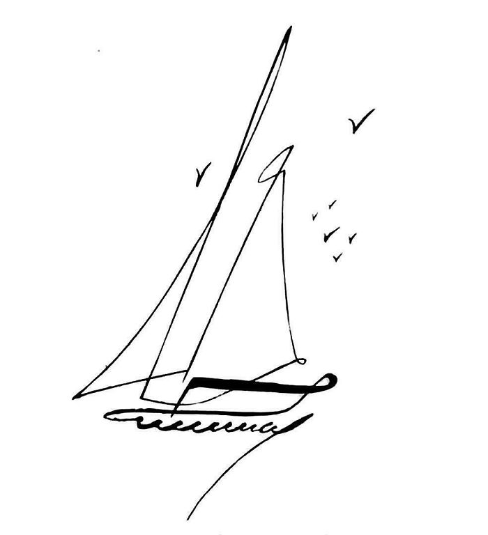 Minimalist line drawing of a sailboat with birds, showcasing creative design concepts by innovative designers.