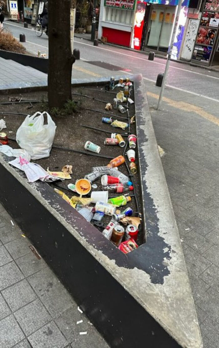 Trash and discarded cans scattered in a neglected urban planter, highlighting the $58 billion ghost city decay.